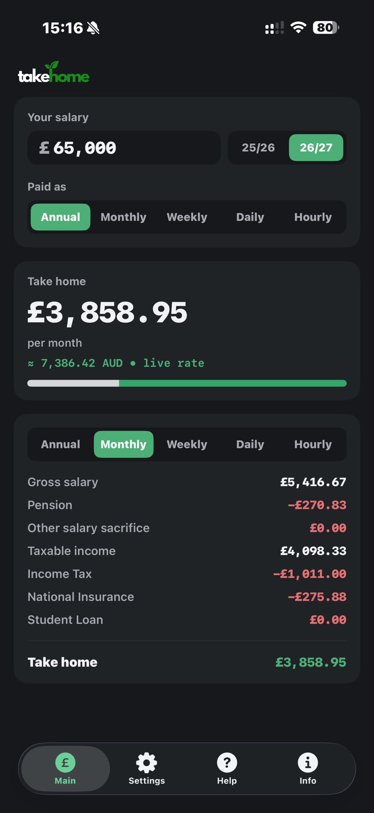 Take Home UK salary calculator in dark mode