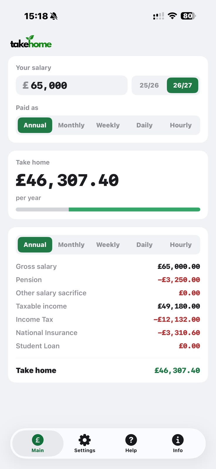 Main Take Home UK calculator screen in light mode