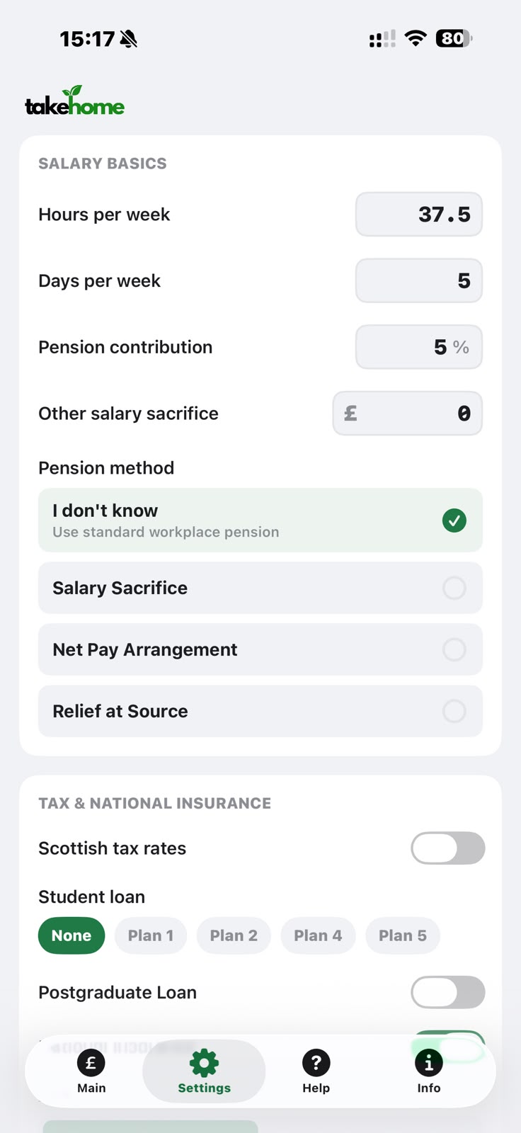 Take Home UK settings for pension, tax, National Insurance and student loan